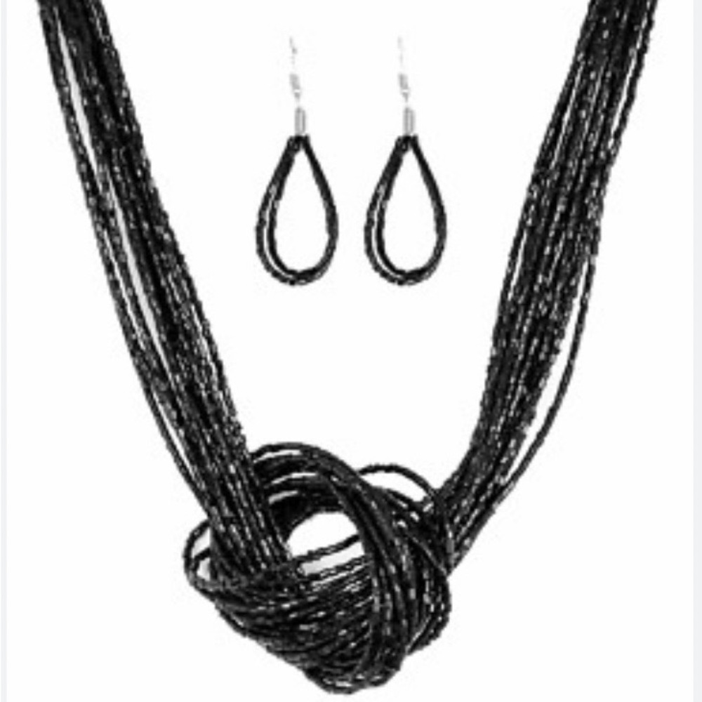 paparazzi Black Multi-Strand Knot Necklace with Teardrop Earrings